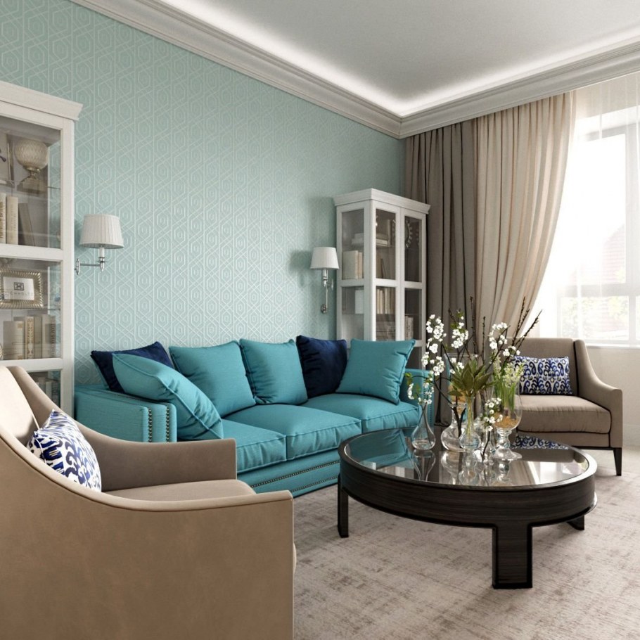 Гостиная с бирюзовыми акцентами