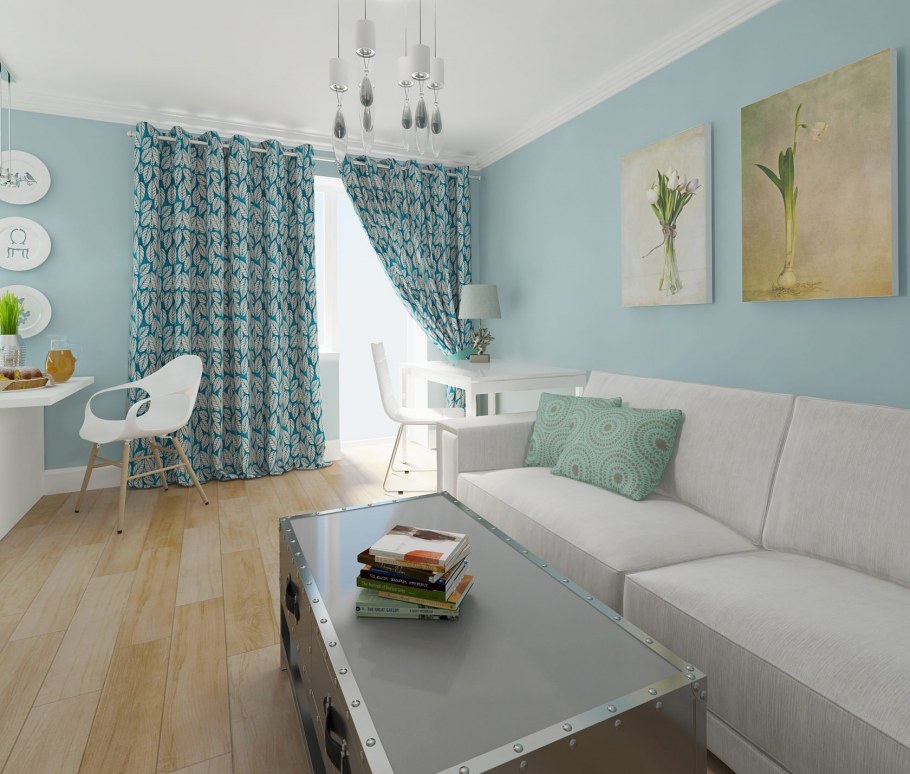 Бирюзовая гостиная в хрущевке