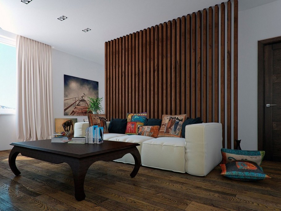 Гостиная с деревянными рейками