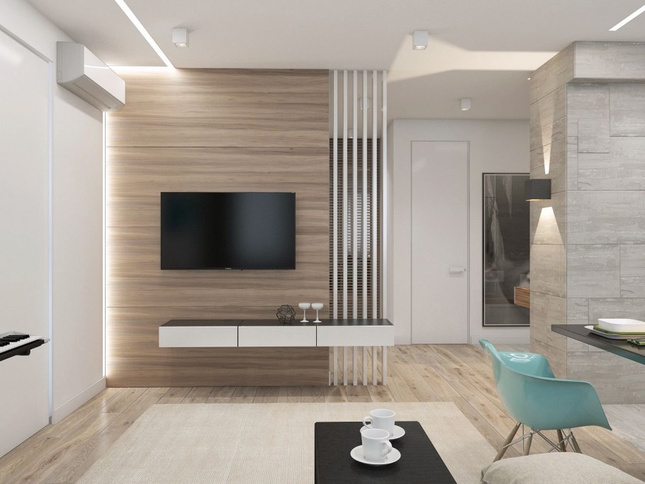 ТВ зона в гостиной с рейками