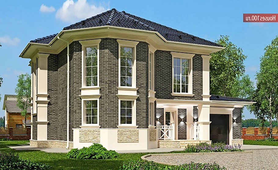 Двухэтажный дом с мансардой и эркером