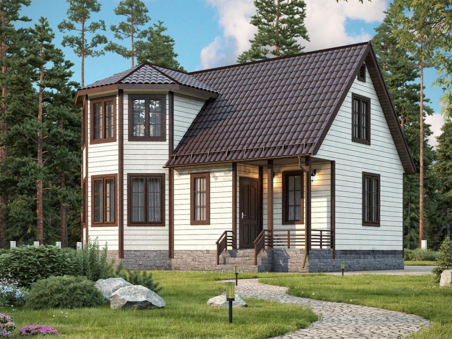 Двухэтажный кирпичный дом с эркером