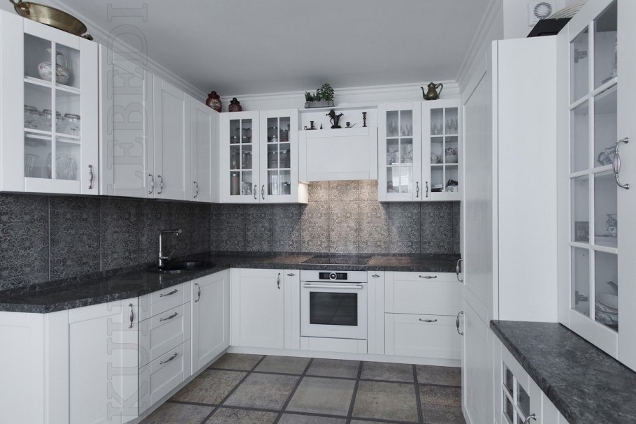 Белая кухня с черной столешницей