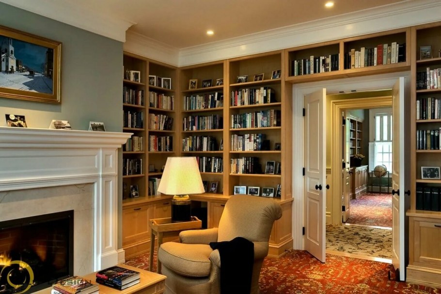 Камин и книжные полки в интерьере