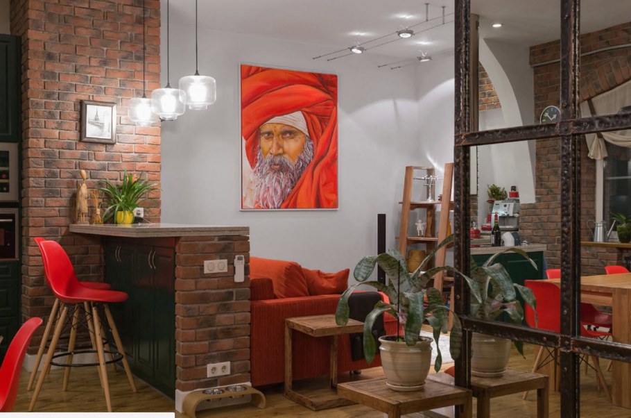 Гостиная с барной стойкой в стиле лофт