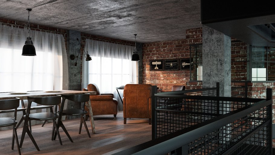 Интерьер гостиной в брутальном стиле