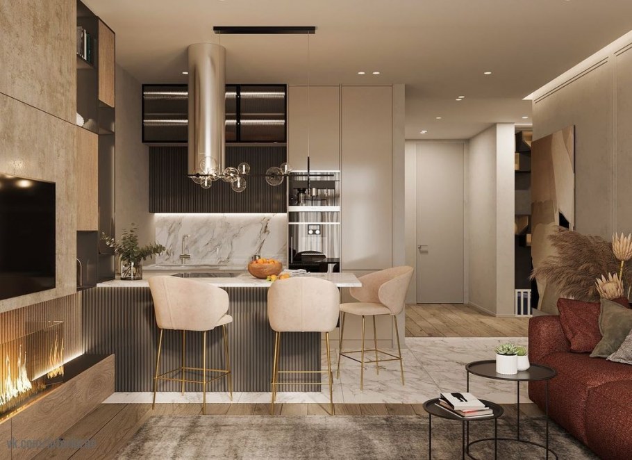 Интерьер гостиной с барной стойкой