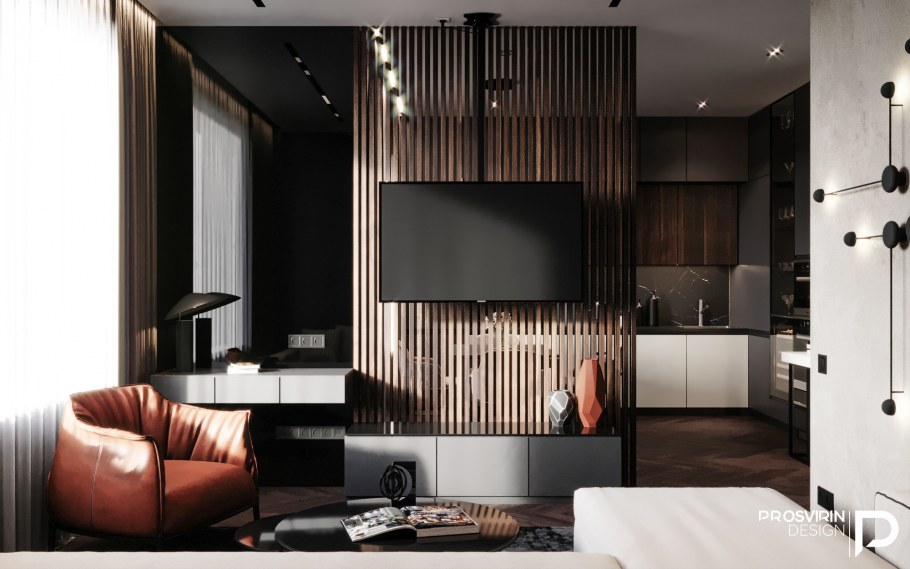 Реечные перегородки для зонирования с телевизором