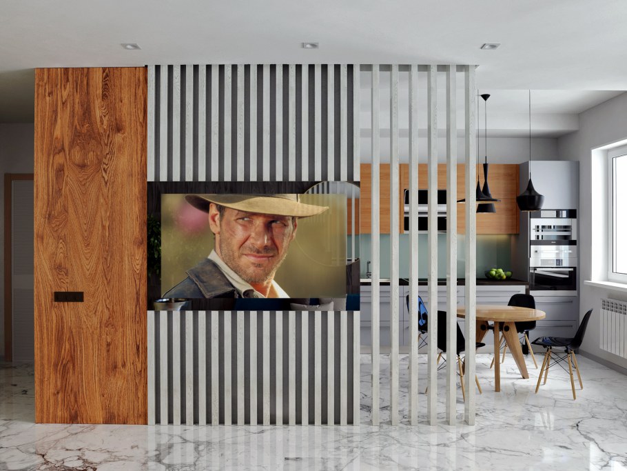 Перегородка из деревянных реек с телевизором