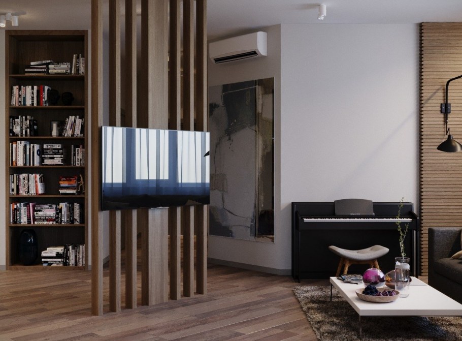 Телевизор на перегородке из реек