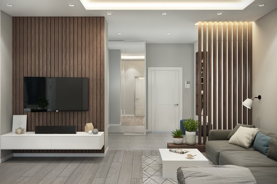 Гостиная в современном стиле с рейками