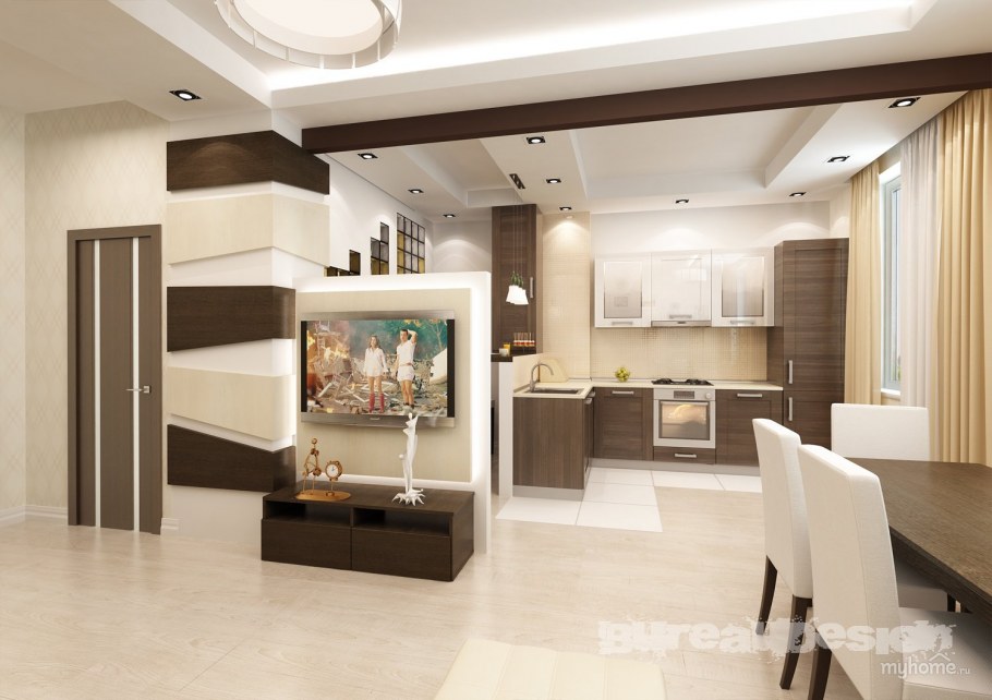 Интерьер зала с кухней в частном