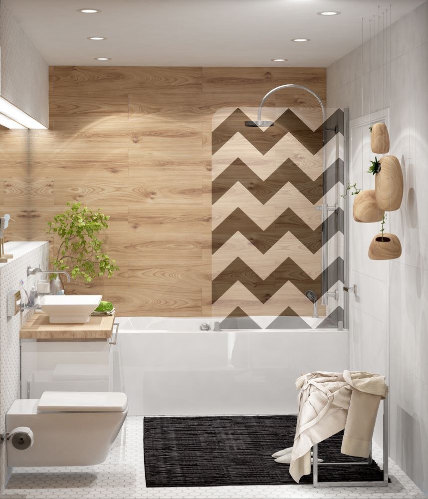 Интерьер ванной комнаты под дерево
