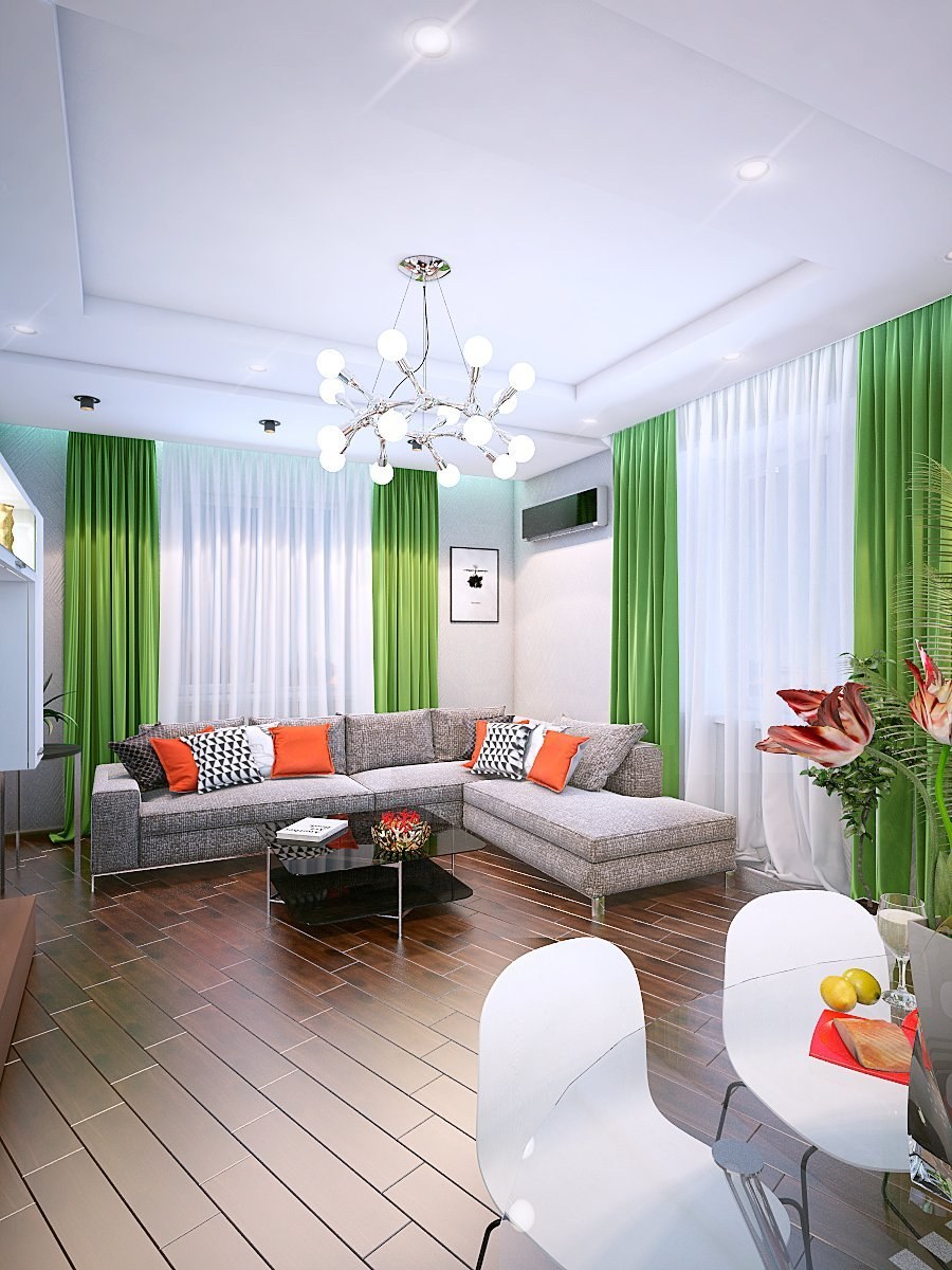 Интерьер гостиной в светлых тонах с яркими акцентами