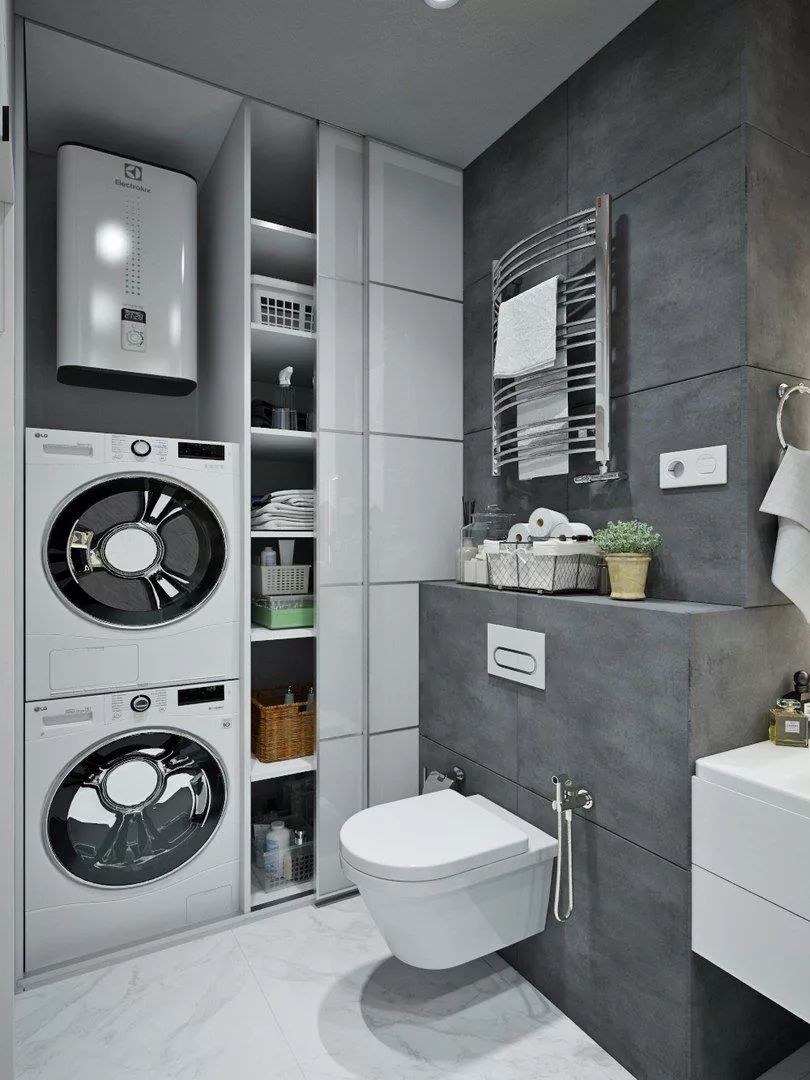Красивый дизайн ванной комнаты совмещенной с туалетом и стиральной машиной (80 фото)
