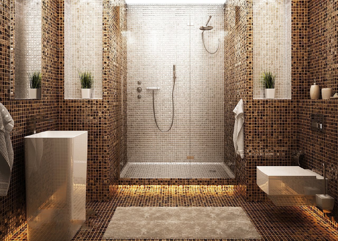Варианты ванной с душевой. Мозаика в интерьере ванной комнаты. Отделка душевой комнаты. Ванная с мозаичной плиткой. Ванная отделанная мозаикой.