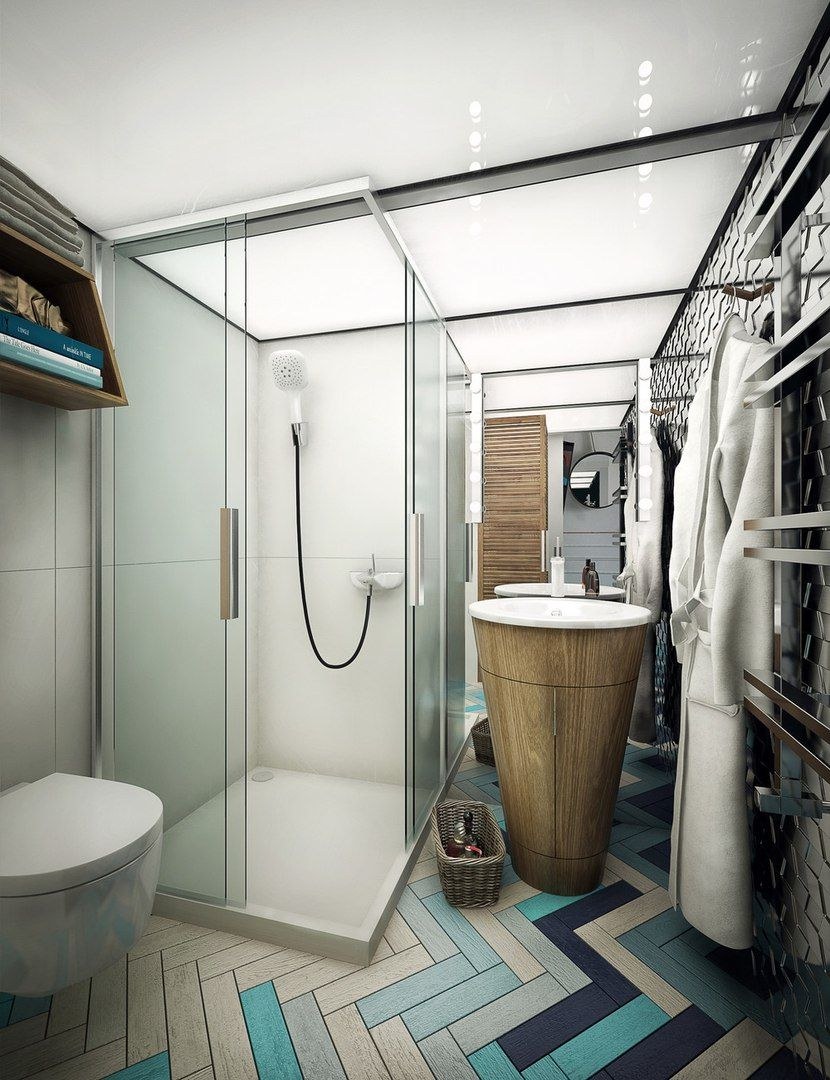 Ванна в скандинавском стиле с душевой кабиной