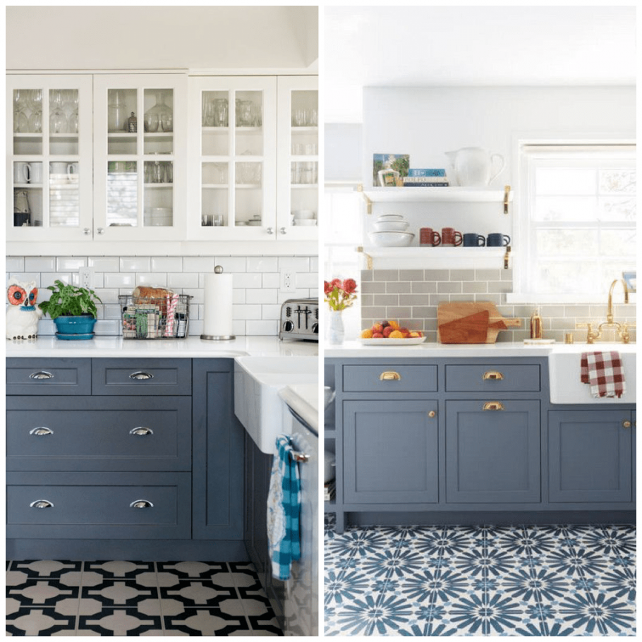 Кухня с синим холодильником