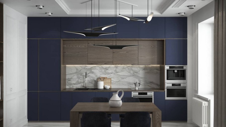 Трехуровневая кухня синяя