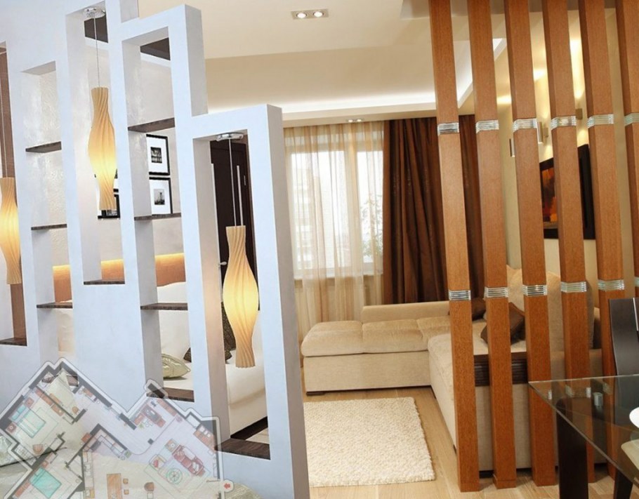 Перегородка для зонирования комнаты с телевизором