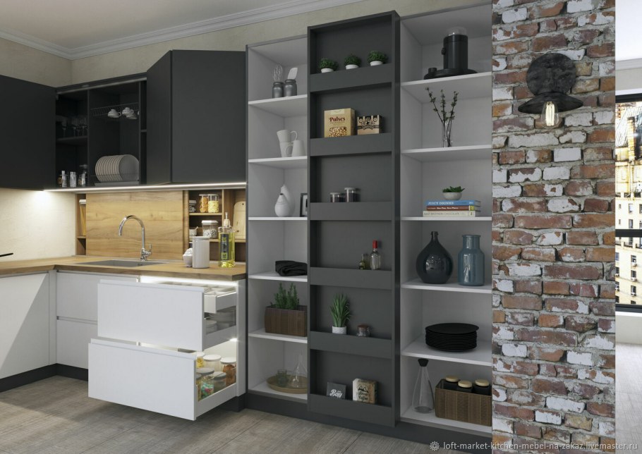 Темно зеленая кухня в студии