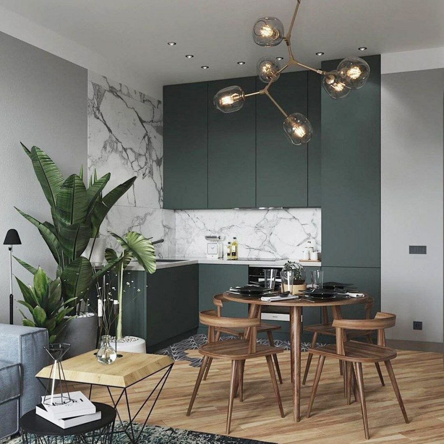 Кухня изумруд с деревом