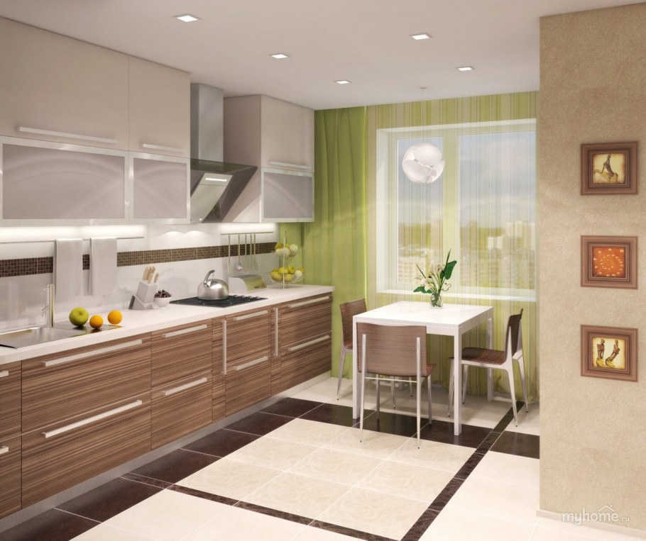 Кухня в светлых тонах с деревянной столешницей