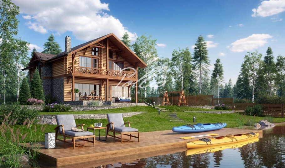 Деревянный дом в лесу у озера