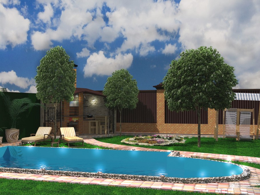 Беседки патио зона с мангалом и бассейном