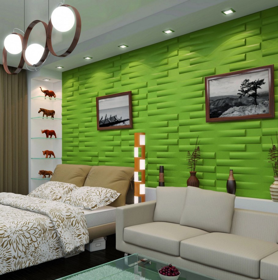 Деревянная мозаика в интерьере спальни