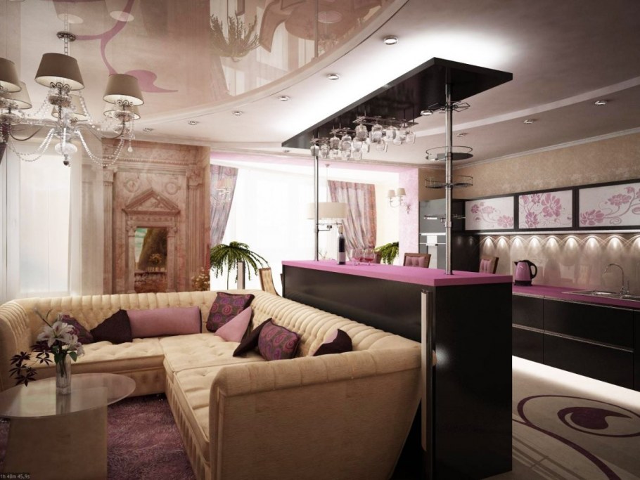 Интерьер гостиной с барной стойкой