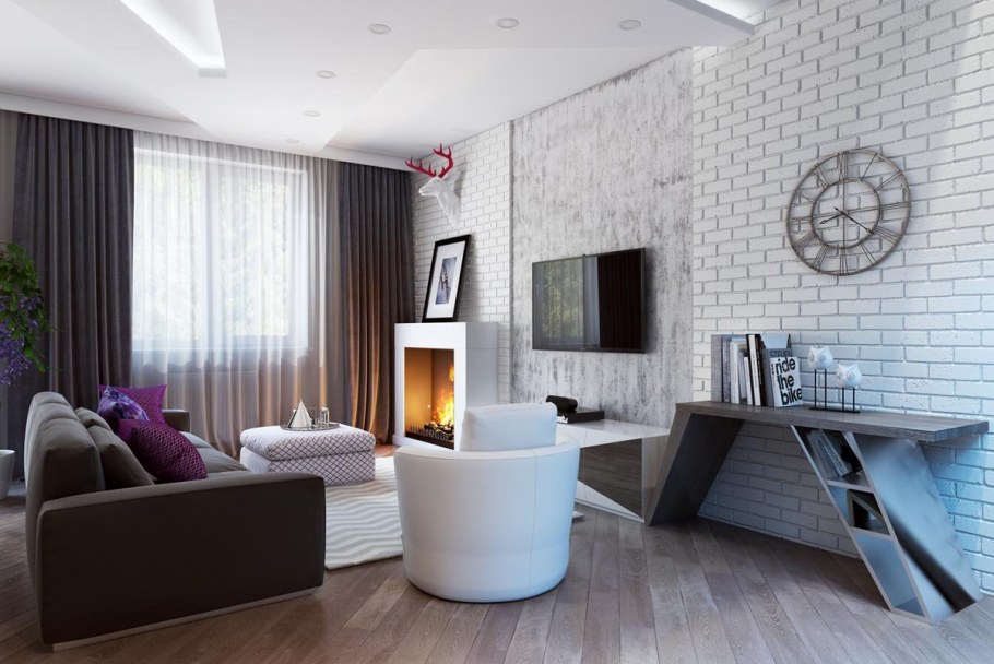 Белый кирпич в интерьере гостиной
