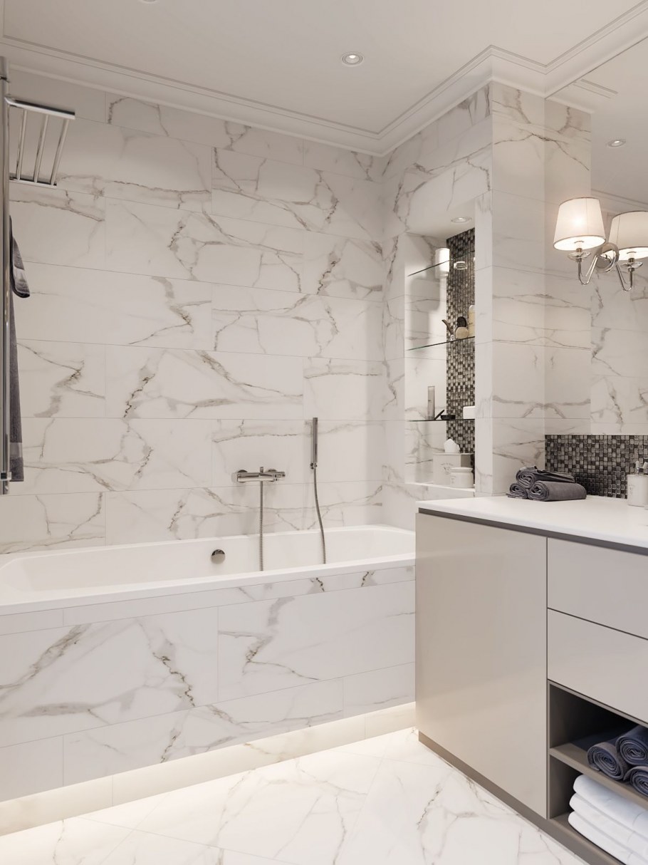 Белая мраморная плитка в ванной