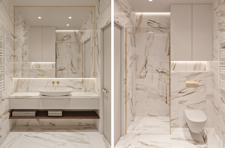 Плитка под мрамор в маленькой ванной