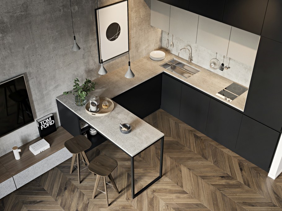 Кухня бетон с барноной стойкой