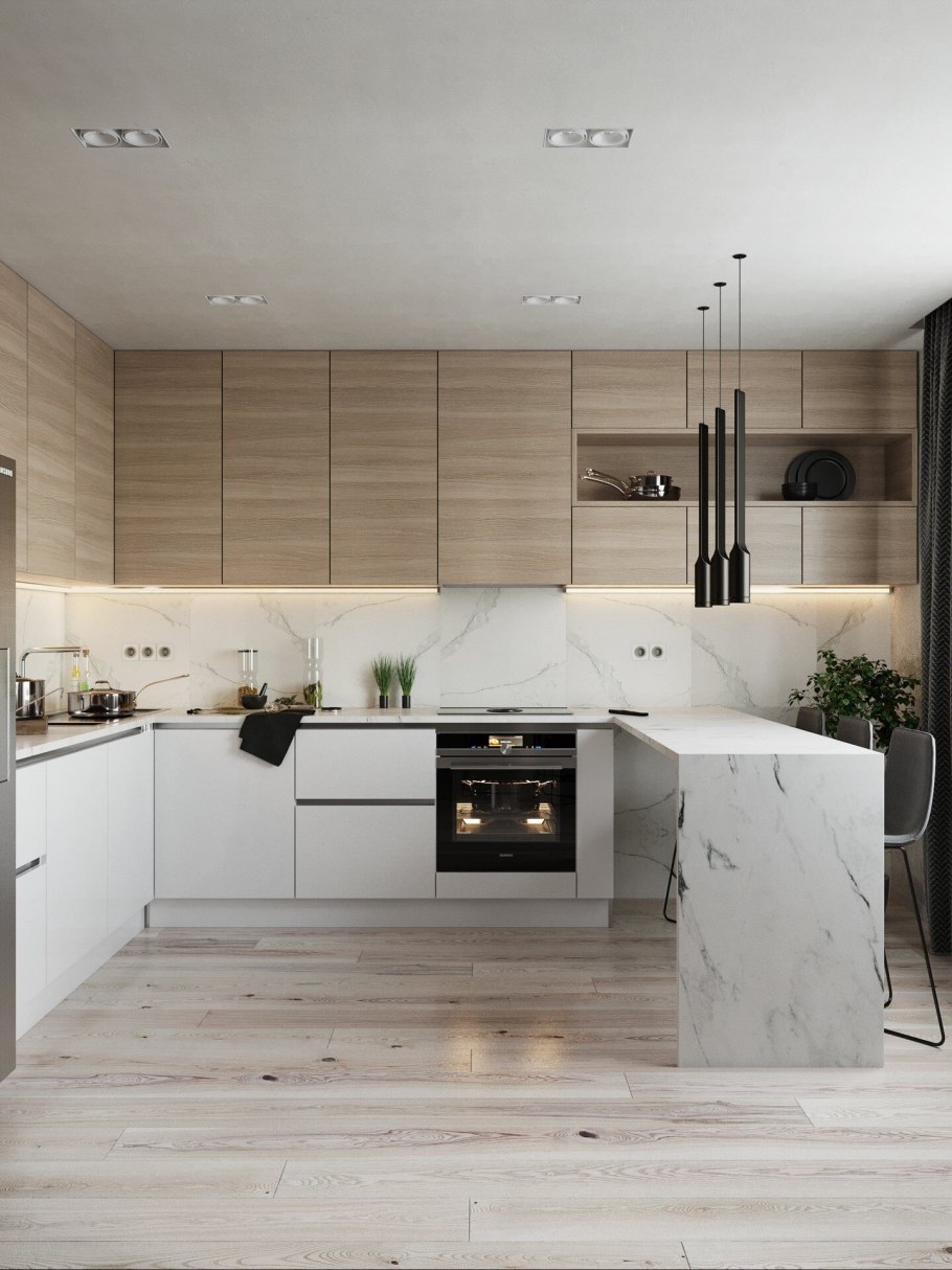 Современная кухня белая с деревом