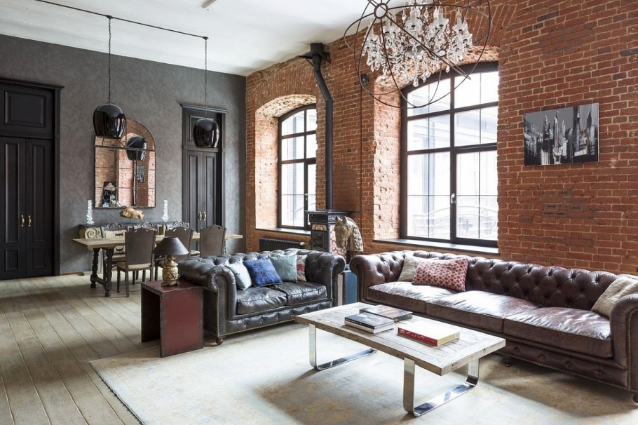 Гостиная в стиле лофт с красным кирпичом