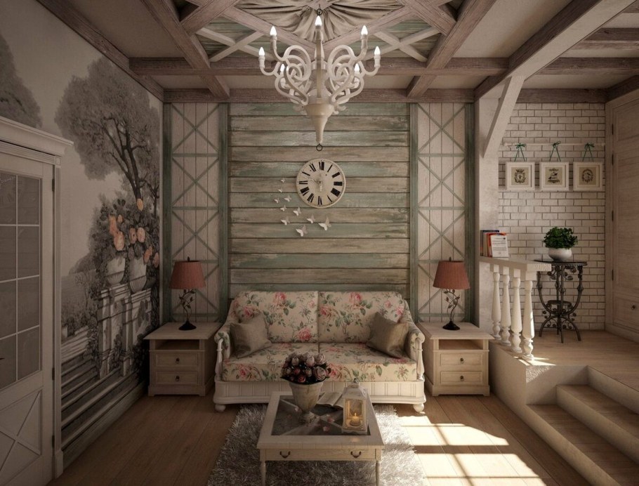 Гостиная Прованс Кантри в бревенчатом доме