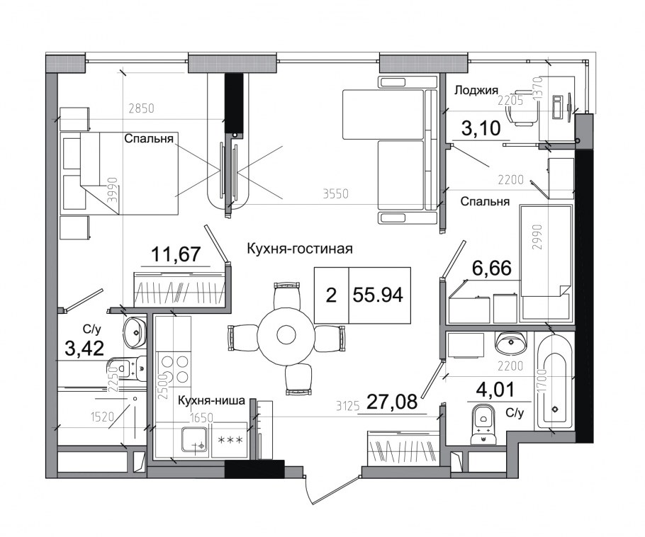 Интерьер кухни в 2х комнатной квартире