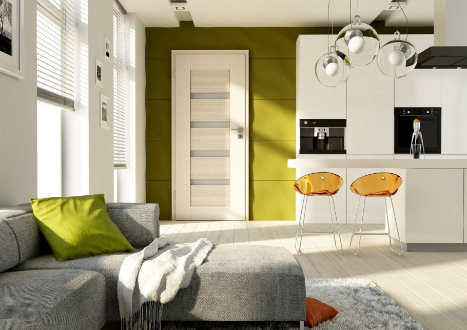 Дверь венге межкомнатная в интерьере с ламинатом Кастелло 4282