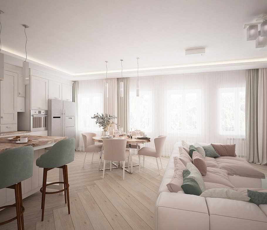 Гостиная столовая в светлых тонах