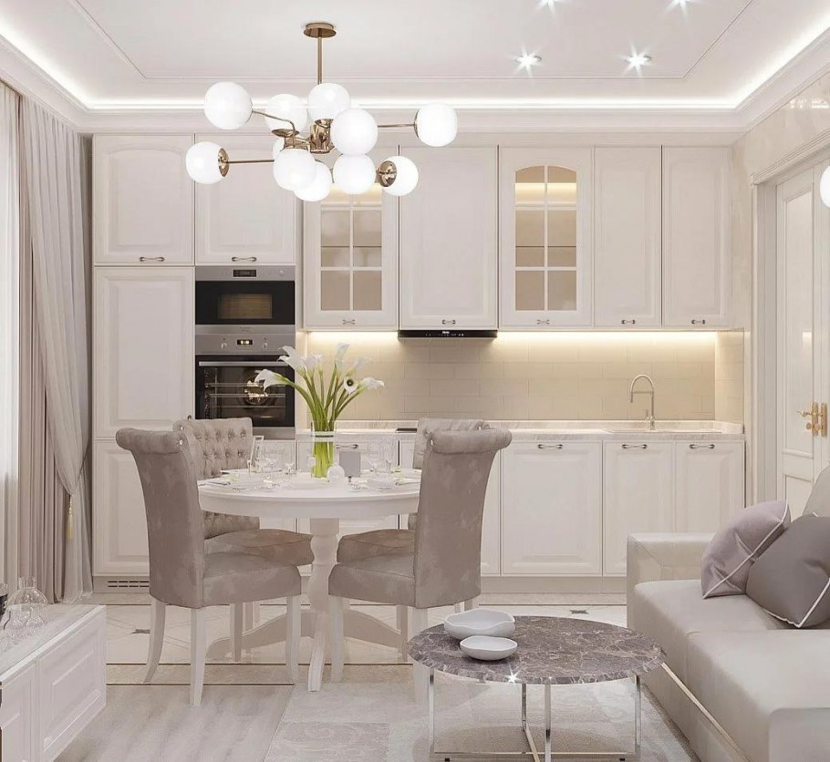 Кухня гостиная с серым диваном