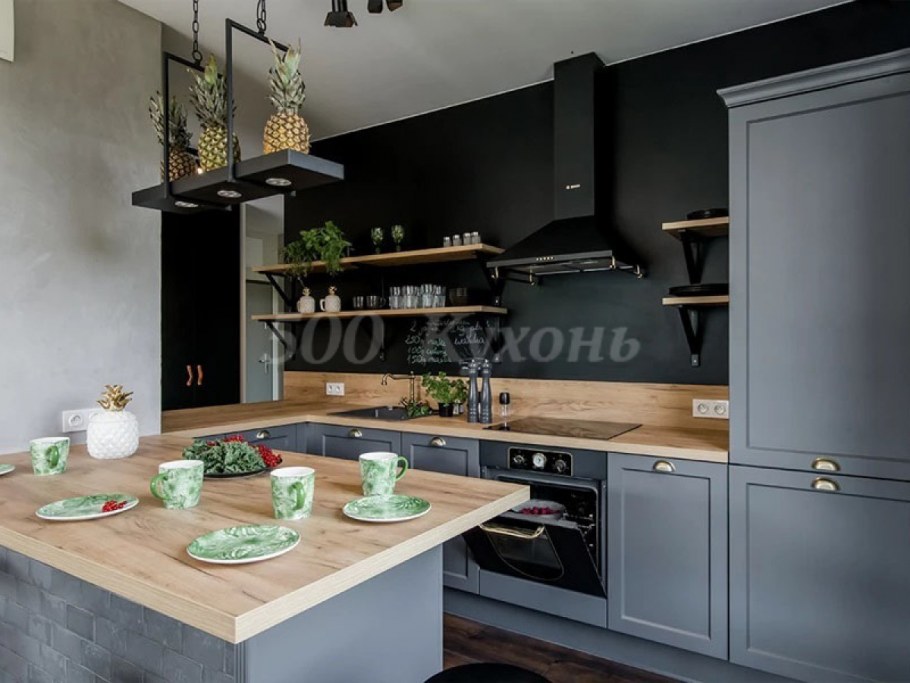 Кухня Будбин белая и черная столешница икеа