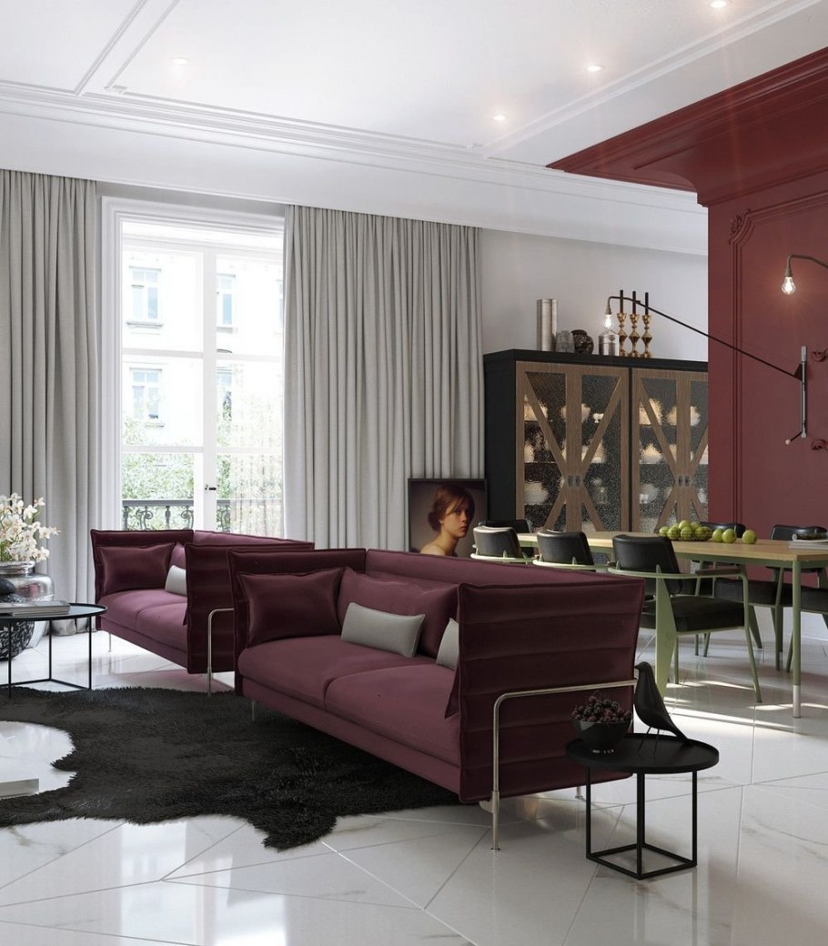 Гостиная с бордовыми акцентами