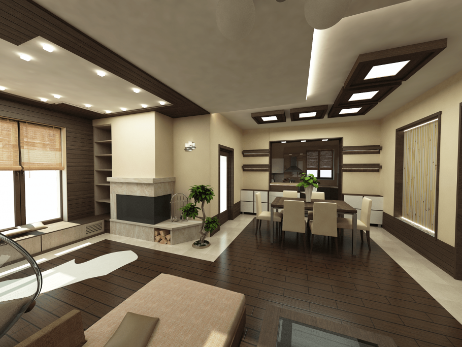 Интерьер кухни-гостиной в частном доме