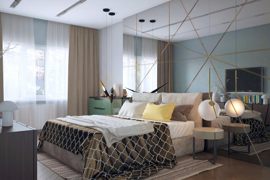 Зеркальные панели в спальне