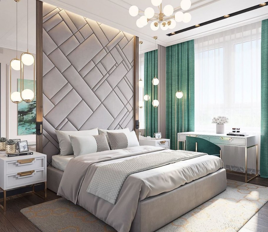 Спальня с мягкой панелью зеленой