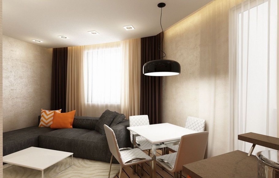 Бежевая гостиная с темными шторами