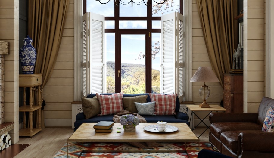 Гостиная в стиле Кантри в деревянном доме
