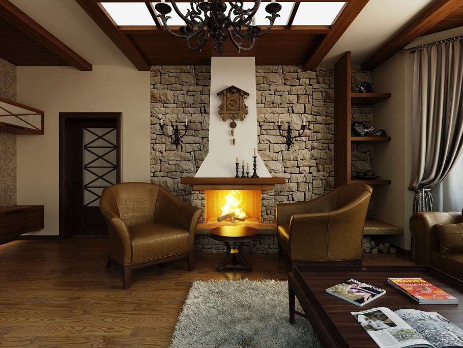 Большая гостиная с камином в загородном доме